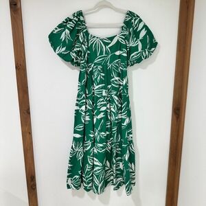 JGEE Midi Dress PM Green White Cotton Tropical Leaf Smocked Puff Sleeve Tiered